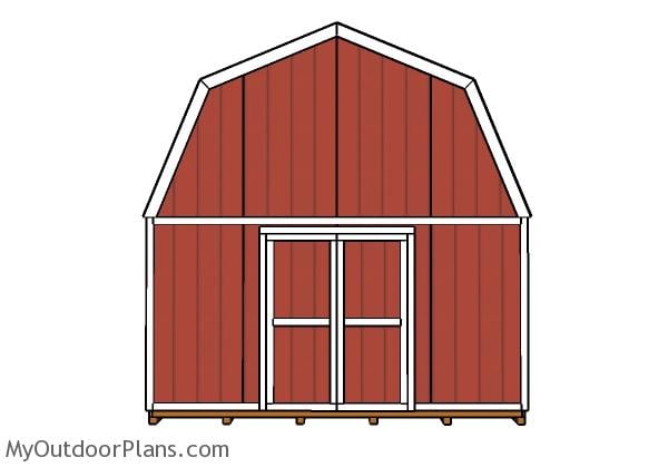 16x16 Gambrel Shed Plans - Front view