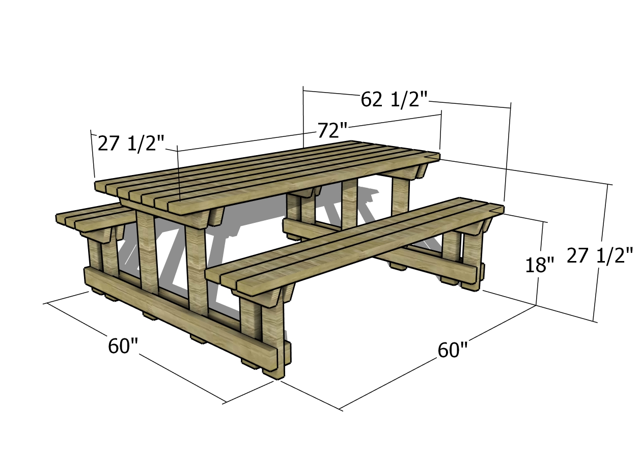 Picnic table with detached benches plans - dimensions